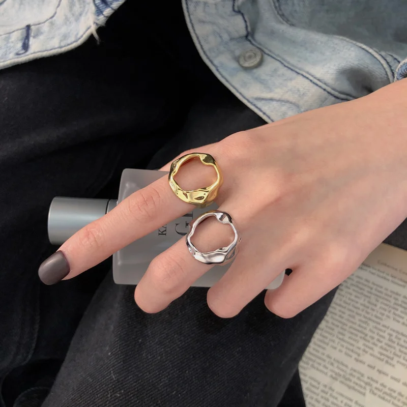 VANA 925 Sterling Silver Irregular Hiphop Rhodium Plated Rings Gold Plated Adjustable Women Men Open Band Statement Ring Jewelry