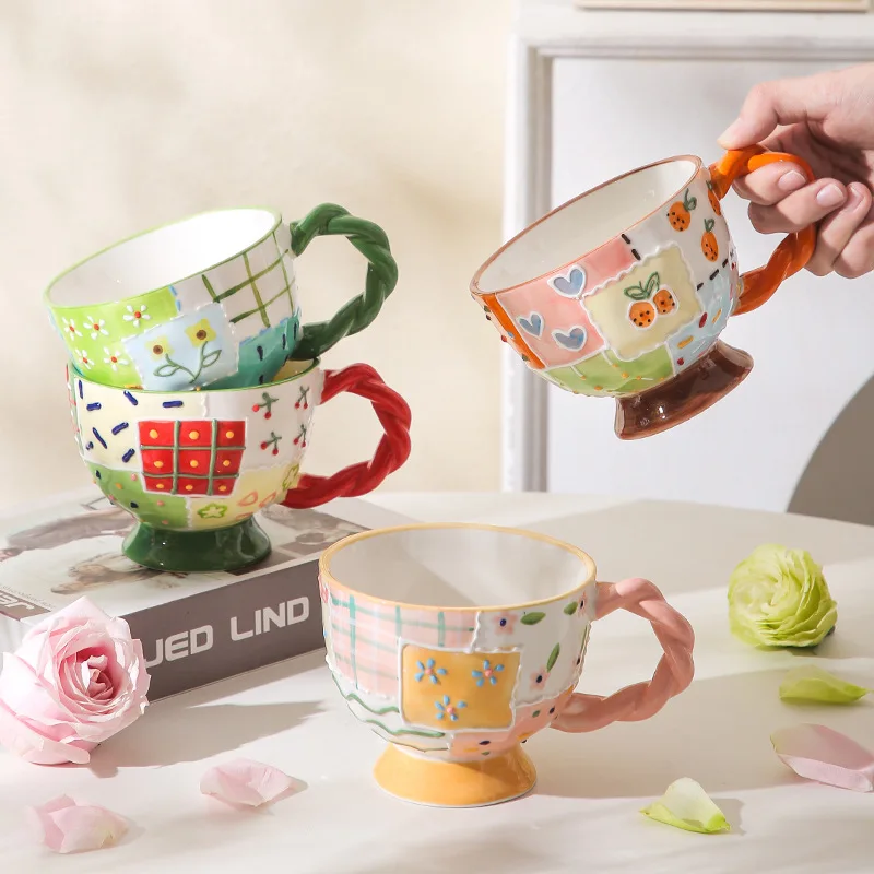 OEM New Hand Painted Candy Ceramic Coffee Mugs Custom Logo Embossed Pastoral Ceramic Milk Cup Breakfast Mugs Oat mugs wholesale