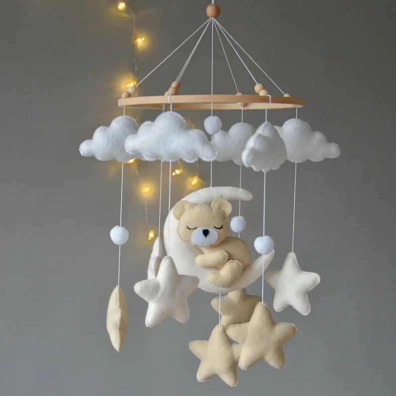High quality custom made infant bed decoration soft toy nursery wall decor animal sleeping bear baby felt musical crib mobile