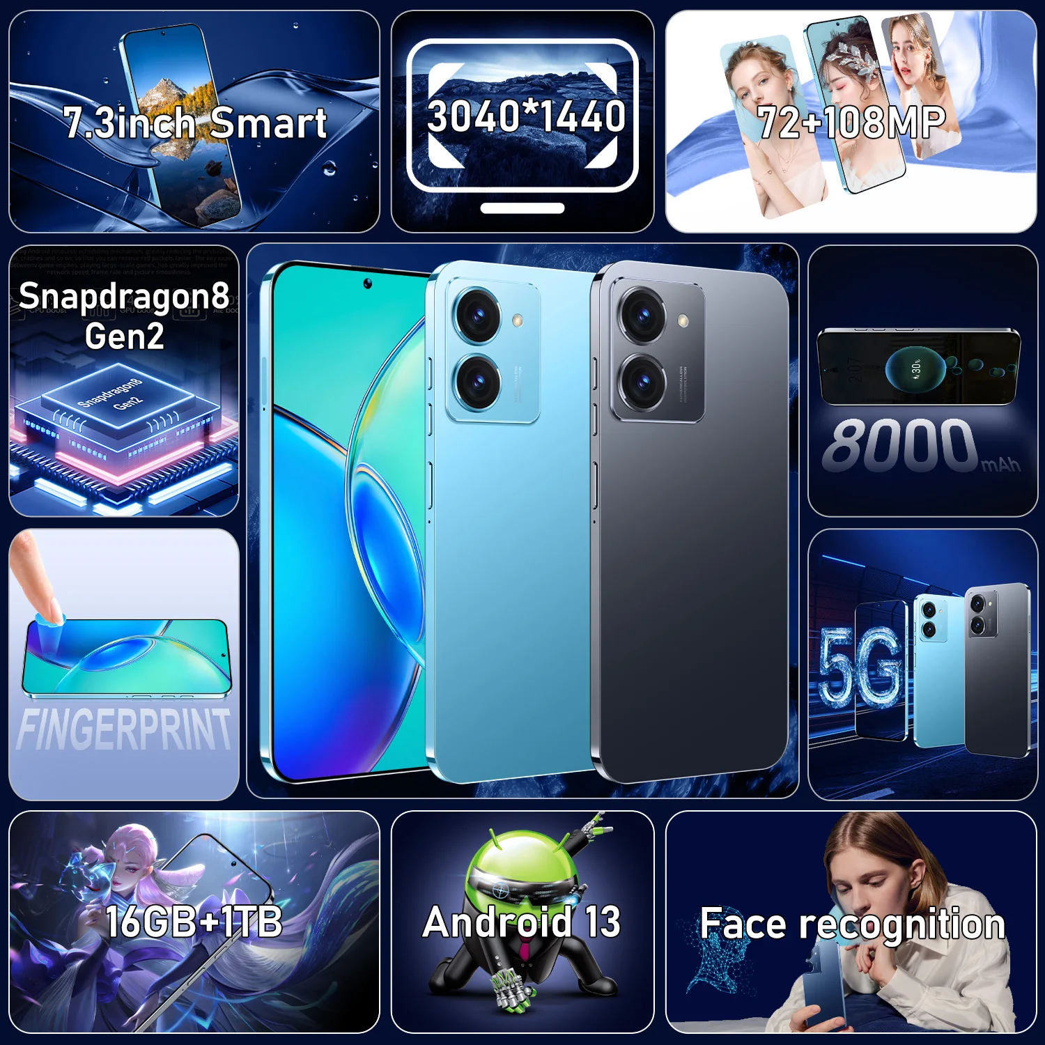 2024 New Y36 16GB+1TB 5G smart phone Original Android 7.3-inch 48MP+100MP Snapdragon 8+2 Android 13 smart game phone