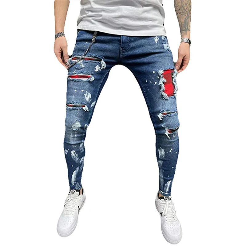 Мужские синие джинсы скинни стрейч с нашивкой и рисунком