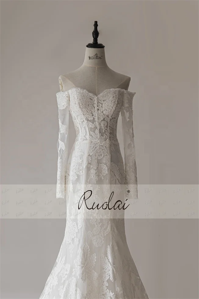 Ruolai QW01863 Sweep Train Lace Up Back Sweetheart Neckline Off Shoulder Long Sleeves Mermaid Wedding Dresses For Bride