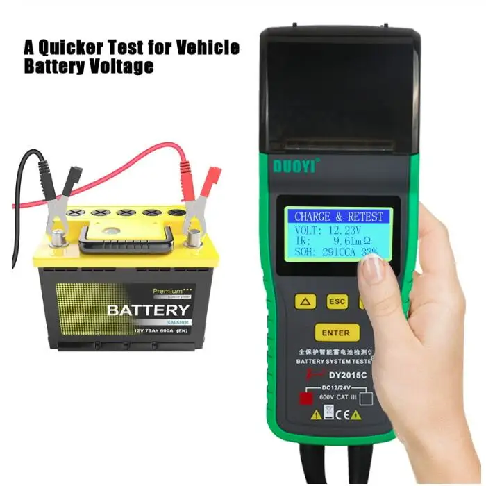  DUOYI DY2015C тестер автомобильного аккумулятора 12V 24V свинцово-кислотные анализатор CCA 100-1700 SOH интегрированный принтер портативный единица