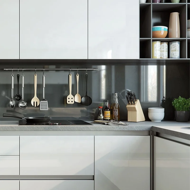 White artificial quartz kitchen counter top  custom modular kitchen cabinet set with built-in sink