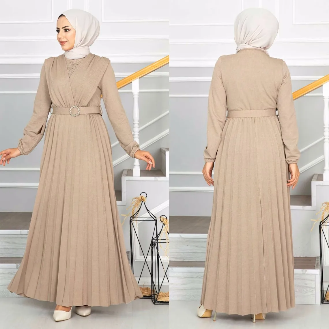 Hot sale high quality fashion womens long sleeves bel pleated islamic clothing muslim dresses