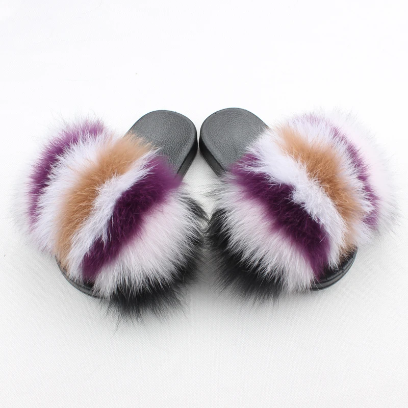 
2020 Soft Kids Fox Fur Sandals FashionKids Furry Slippers Children Fur Slides Lovely Cute Fox Fur Slides 