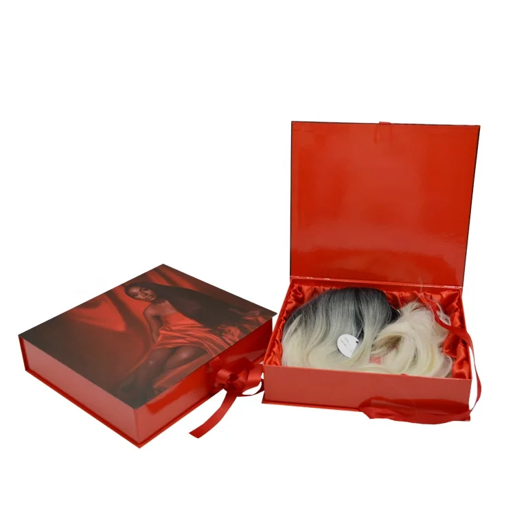 Custom Printing Ribbon Closure Hair Bundle Magnet Box Packaging Hoodies Apparel Book Shape Cardboard Box Hair Extension Gift Box