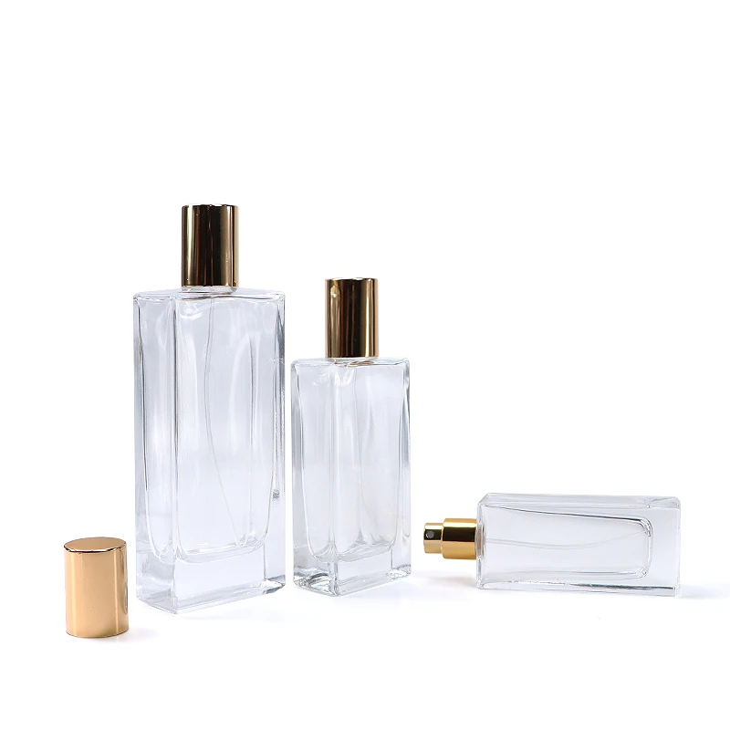 30ml 50ml 100ml clear empty square perfume glass bottle refillable crimp mouth sprayer