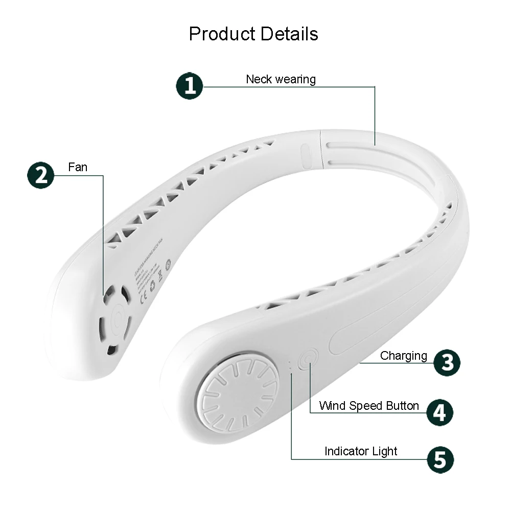 2021 YITELA 1800mAh Travel Mini Summer Leafless Hanging Neck Fan