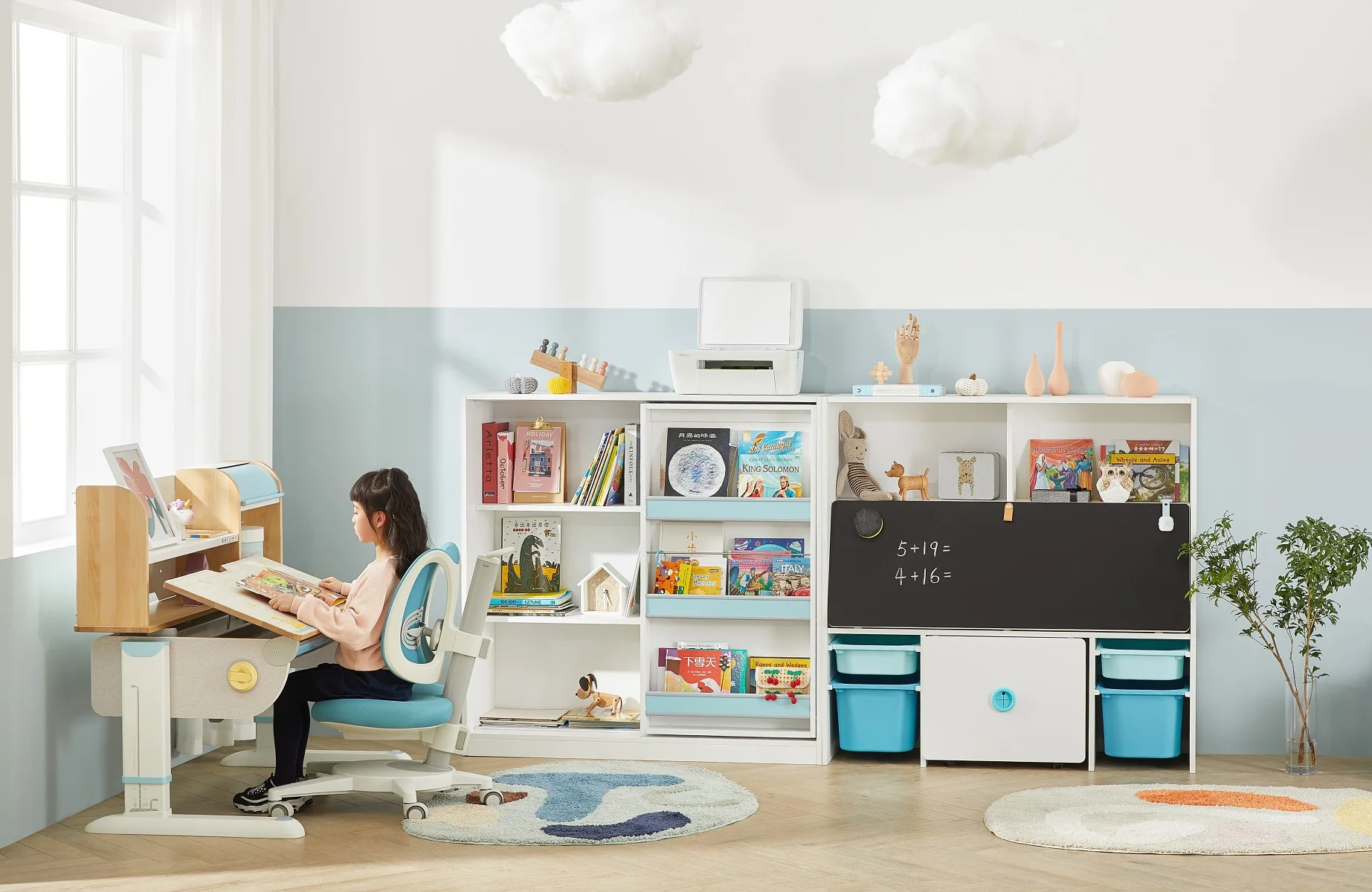 
2M2KIDS Wood Cubbies Multifunction Kids Book Shelf with Blackboard Children Cabinet with Large Storage Area 