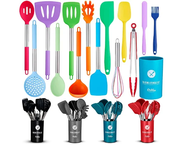 Silicone Cooking Utensil Set 14 Pieces Kitchen Utensils with Holder Safe Food-Grade Silicone Heads and Stainless Steel Handles
