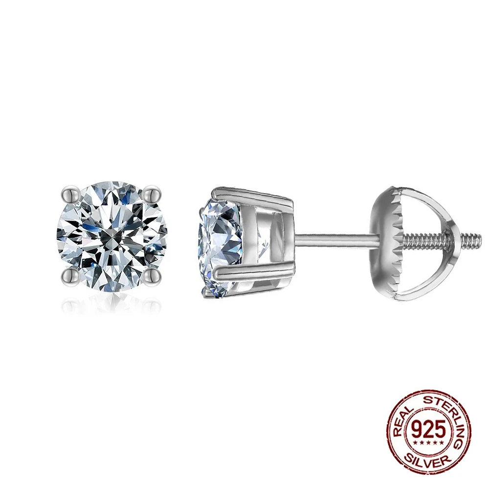 Girl Fashion Jewelry 6mm Single Top Zirconia Stone Earring S925 Sterling Silver Screw Back Design Stud Earrings for Women