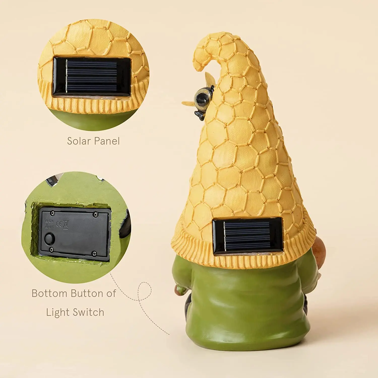 Garden Gnome Statue - Resin Spring Bee Gnome Figurine Holding Honey Jar with Solar LED Lights, Outdoor Spring Summer Decoration