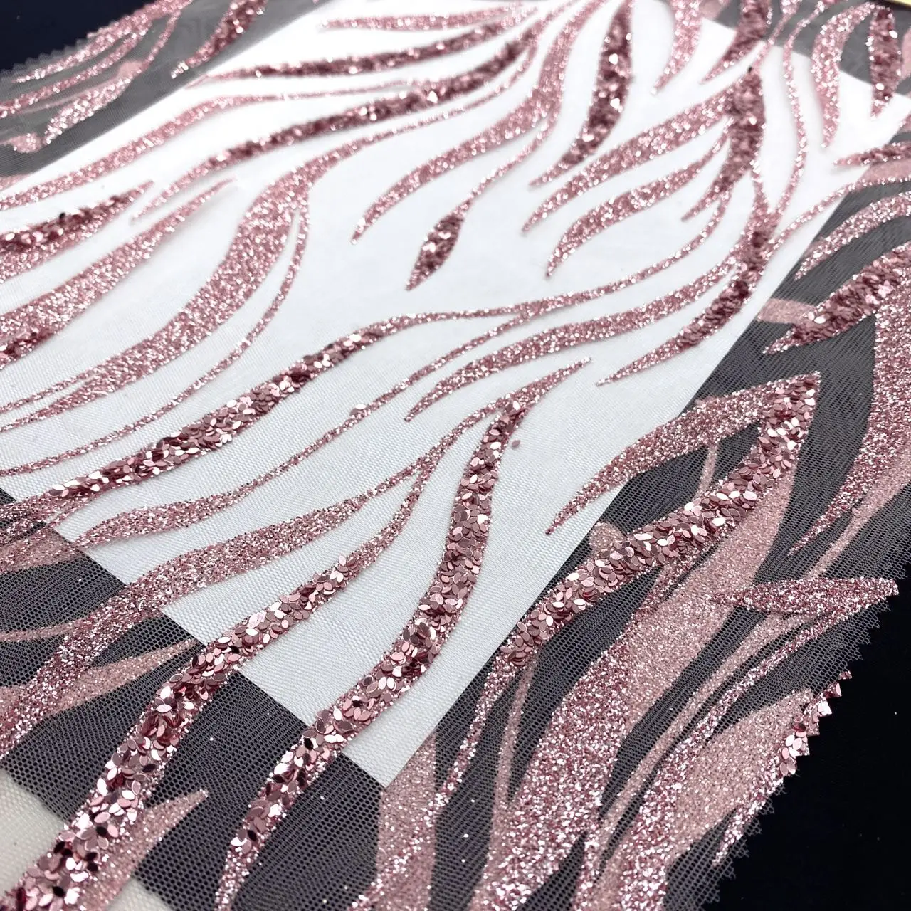 Gorgeous Nylon Tulle Lace Fabric with pink Glitter and Beads Sequins Embroidered for evening dress