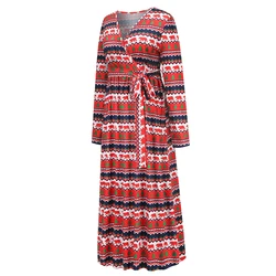 European and American foreign trade Christmas print dress autumn/winter 2022 new fashion V-neck long knit waist dress