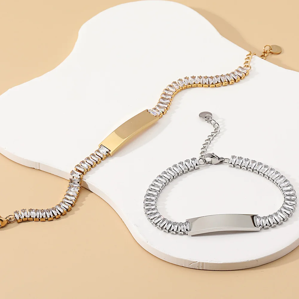 Custom Name Logo Jewelry 18K Gold Plated Blank Stainless Steel Zircon Tennis Chain Engraved Bracelet For Women