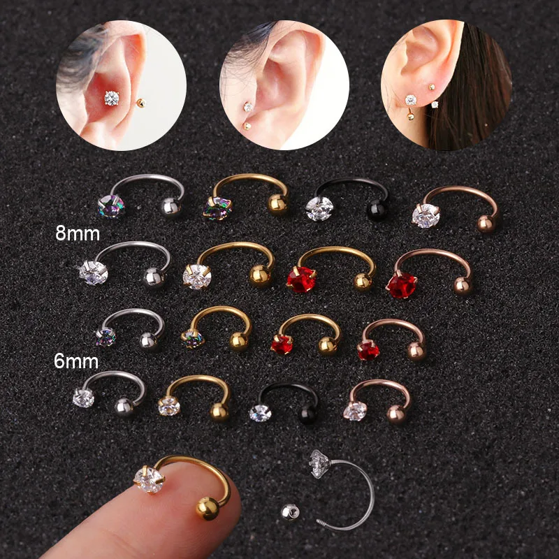 Europe Hot Sale Stainless Steel Screw Nose Nail Iced Out Cubic Zirconia CZ C Shaped Cartilage Tragus Ear Piercing Ring Jewelry