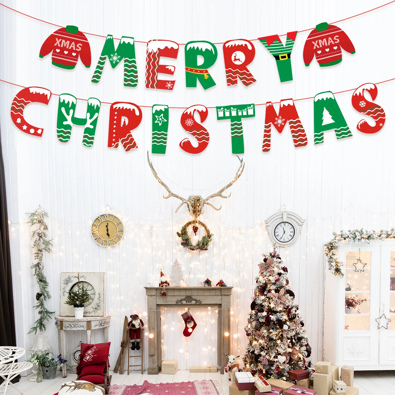 Christmas paper stripes pull flags Christmas window hotel scene decoration flags manufacturers Christmas tree hanging flags