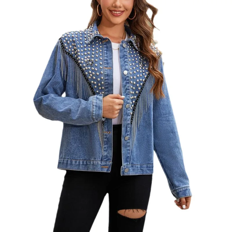 Channel Heavyweight 2023 Spring Autumn Oversized Blue Rivet Studded Fringe Western Denim Jackets For Women