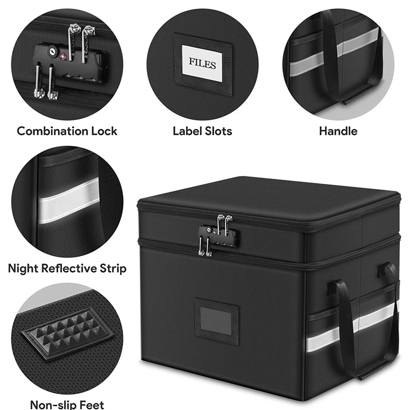 Portable Office Collapsible Reflective Strip 2 Layer File Box Organizer Document Fireproof File Storage Box With Lock