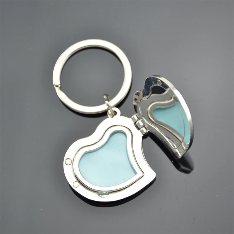 metal heart shape mirror key chain with photo frame keyring