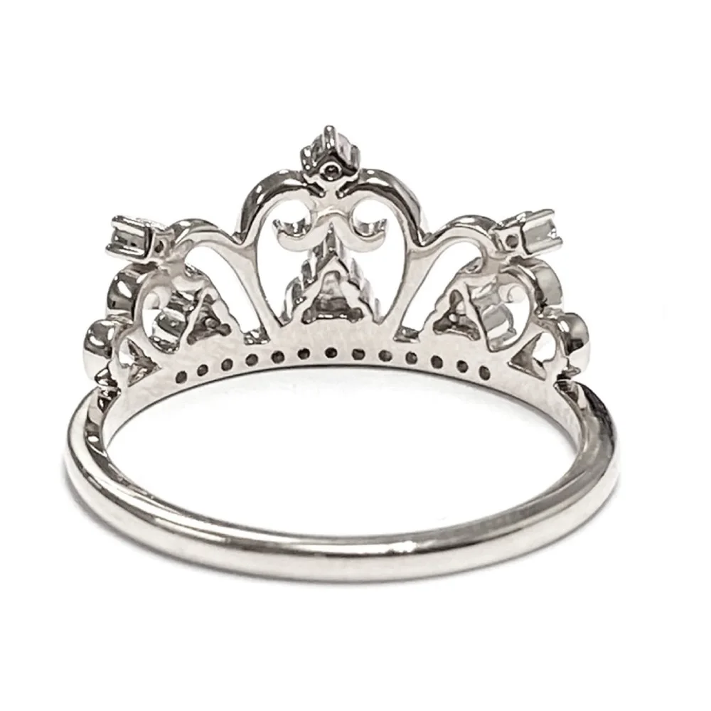 Hong Kong Supplier Elegant Queen Crown Bride Design New Jewelry 18k Solid White Gold Real Diamond Trendy Band Ring For Teen Girl