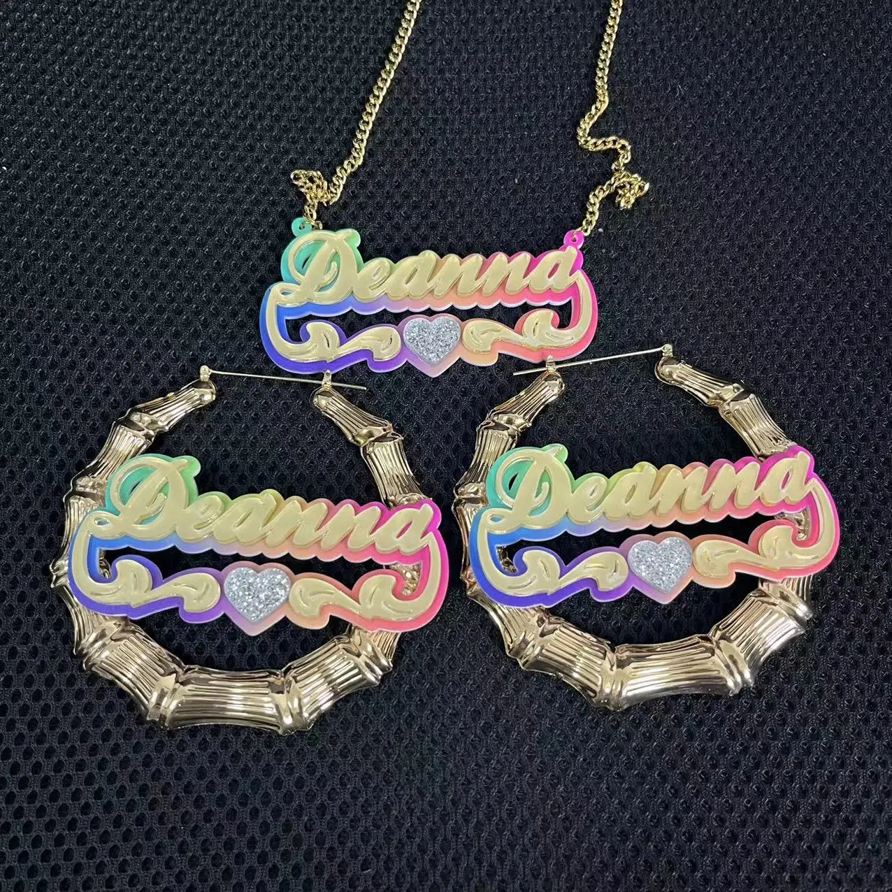 Custom Name Earrings Personalized Letter Text Bamboo Earrings Shiny Neon Hoop Earrings Necklace Sets