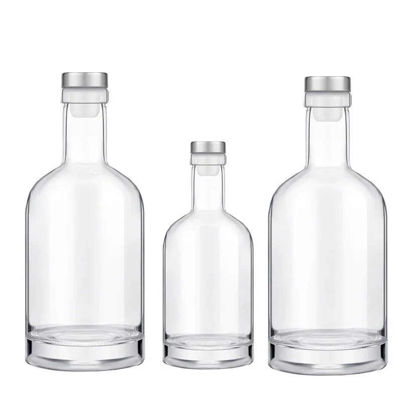 China Factory Wholesale Round Alcohol Bottle 375ml 500ml 750ml 1000ml Vodka Brandy Liquor Glass Bottle with Cork