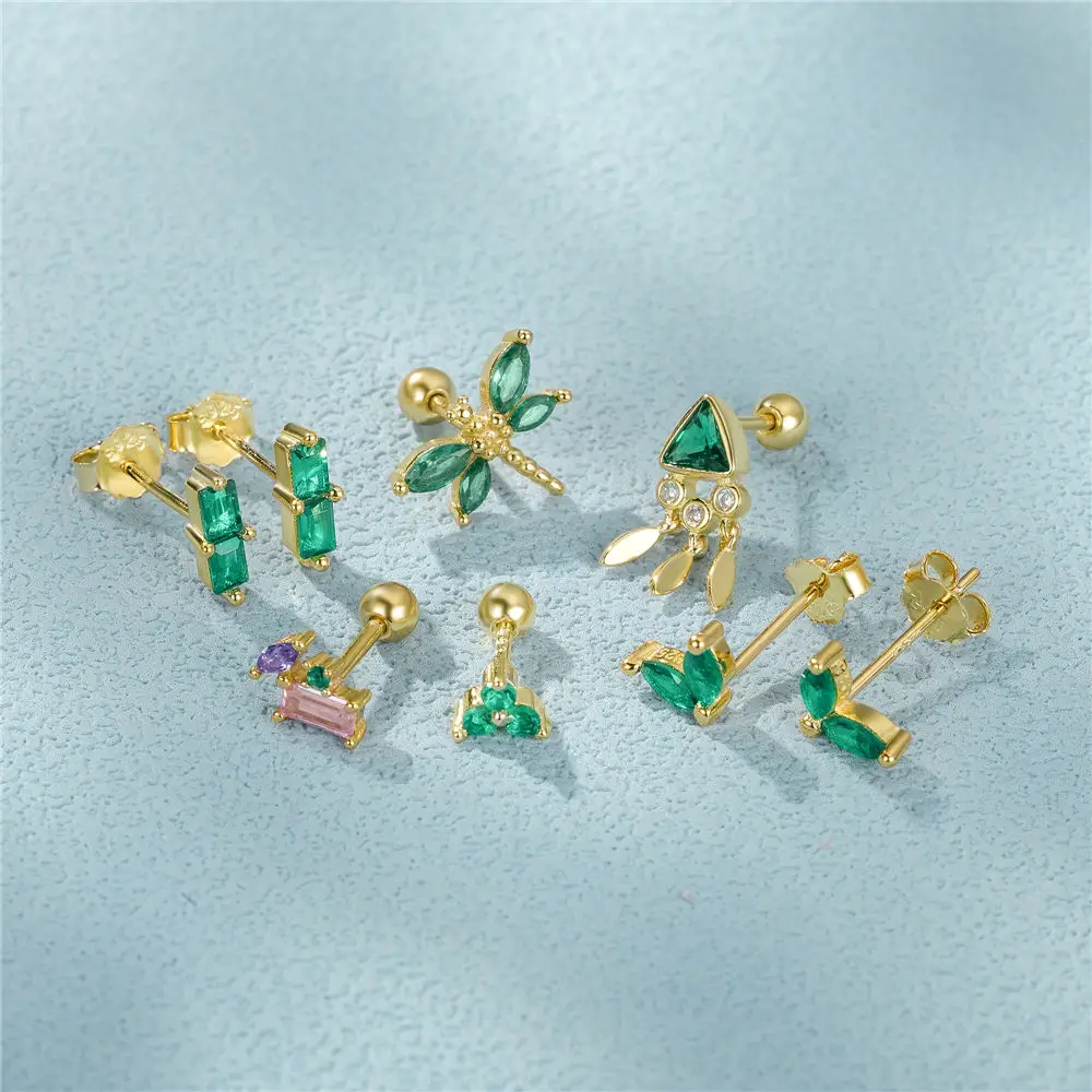 S925 Sterling Silver Green Turquoise 5a Zircon Earrings Multi-Style Combination Set Emerald CZ Stone 18k Gold Plated Earrings
