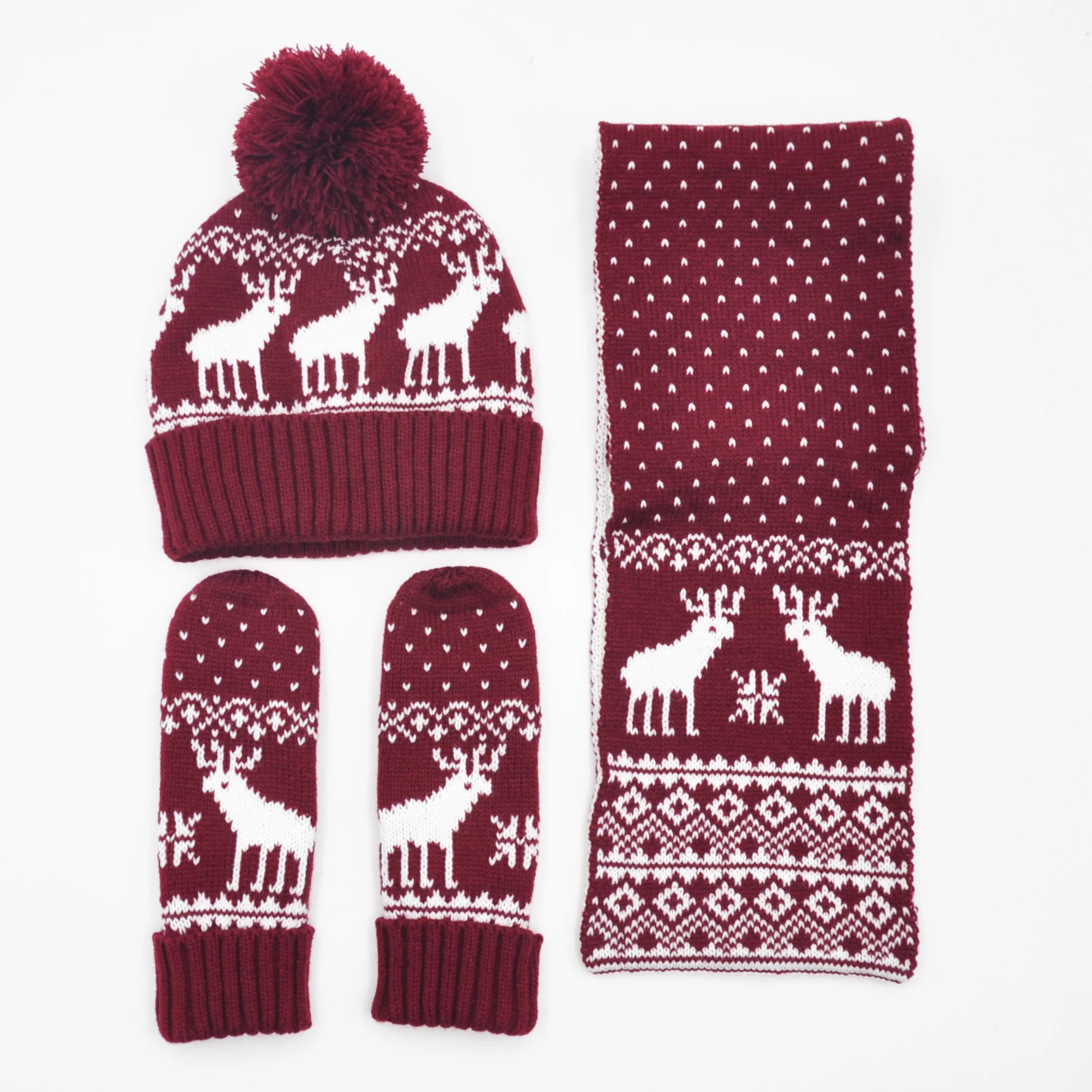 Жаккардовый зимний теплый шарф и перчатки, набор для детей и взрослых, мягкая эластичная шапка, шарф и варежка, рождественские украшения, шапка