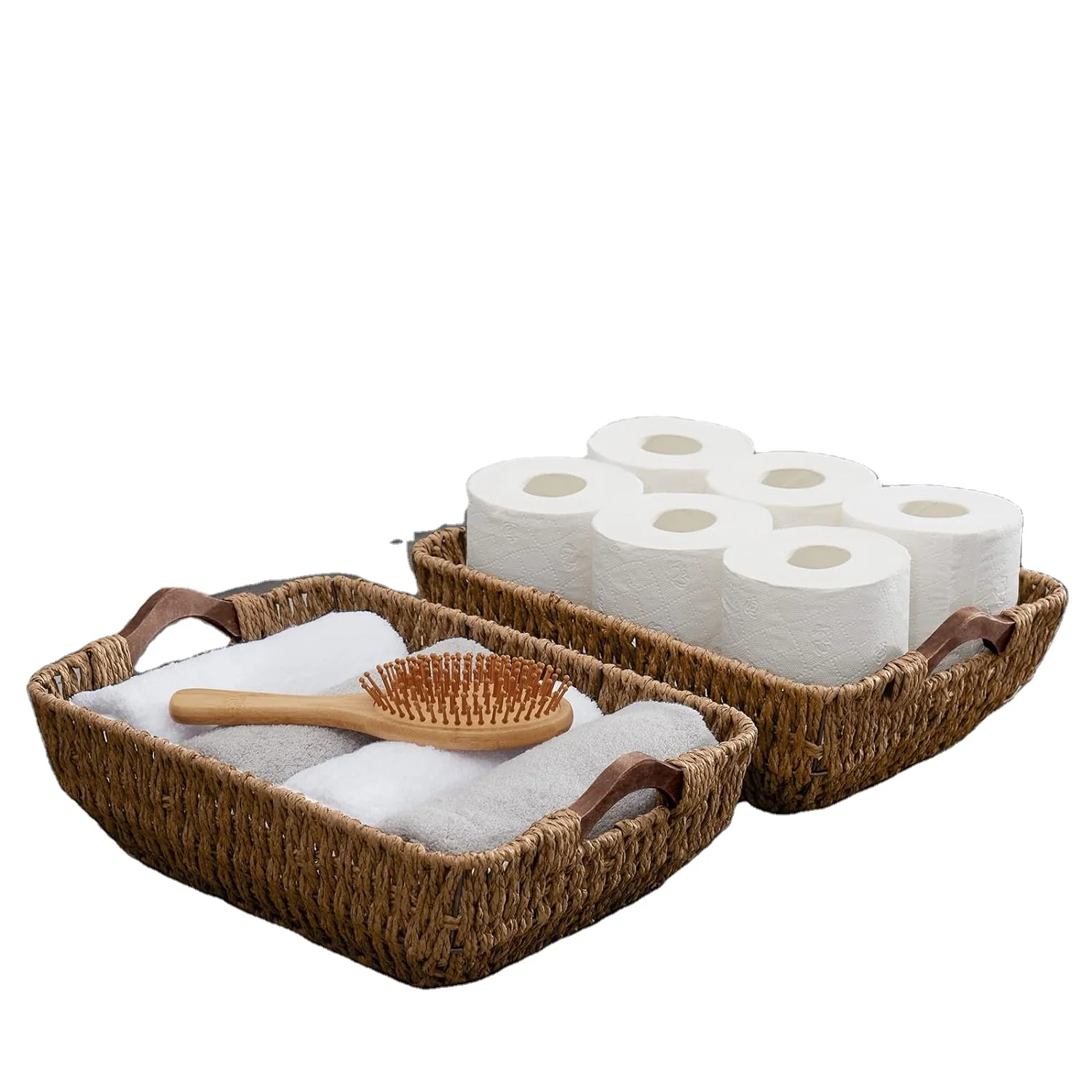 Hand-woven wicker storage baskets with natural wood handles individual, recyclable and renewable paper cord gift baskets