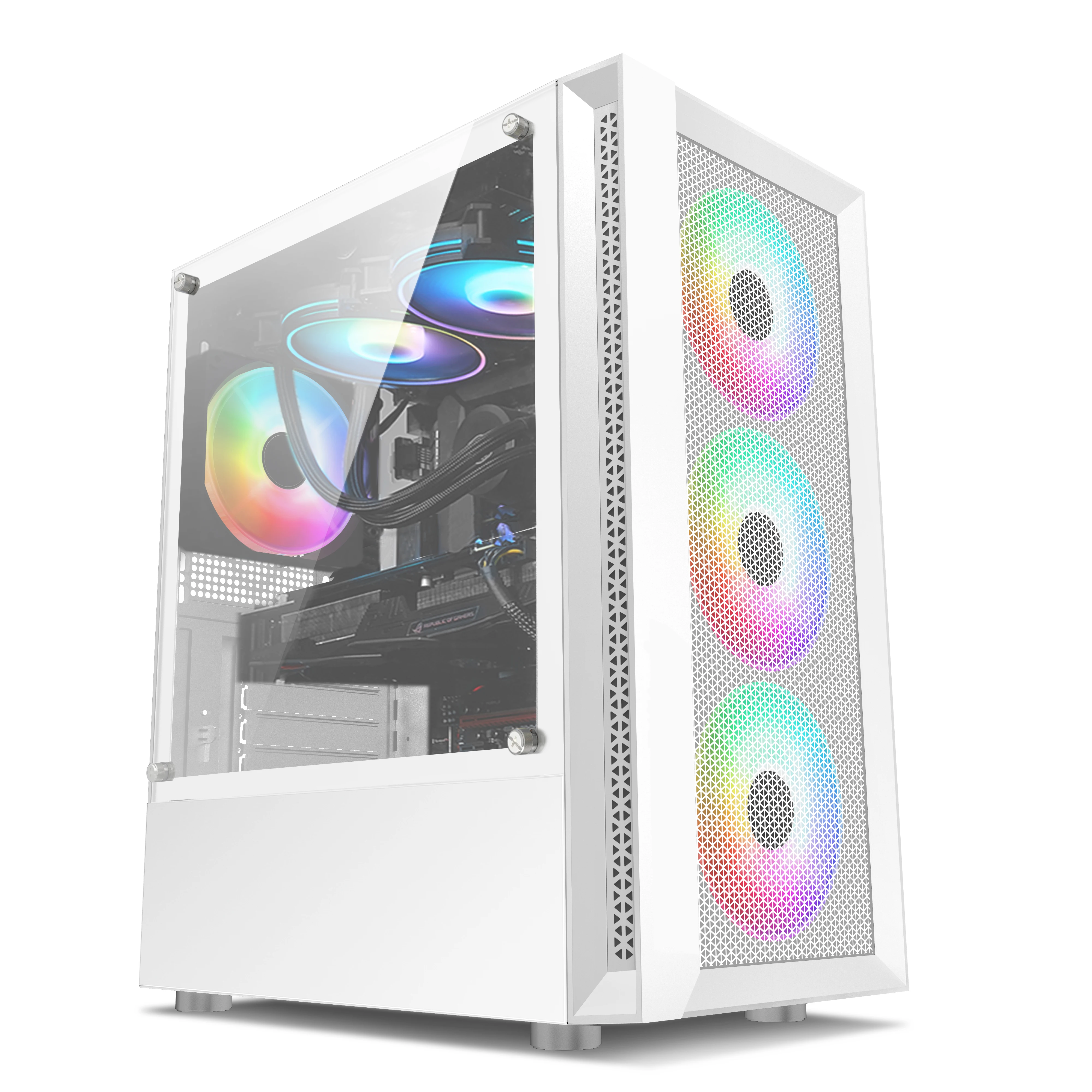 Gaming PC Casing Mini Tower Black & White Mesh Panel Side Tempered Glass M-ATX support