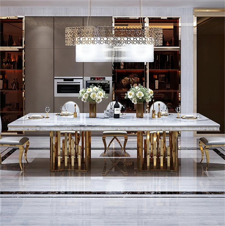 luxury dining room furniture modern metal dining table set 8 seater gold dining table