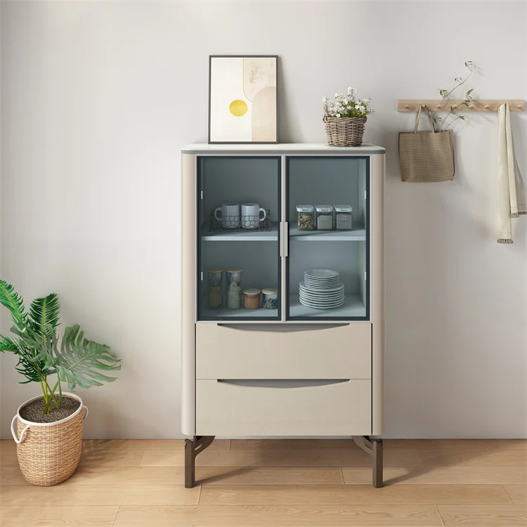Luxury Nordic Belgium White Beige Home Furniture Dining Sideboard Tall Narrow Cabinet Buffets Sideboard With Tempered Glass