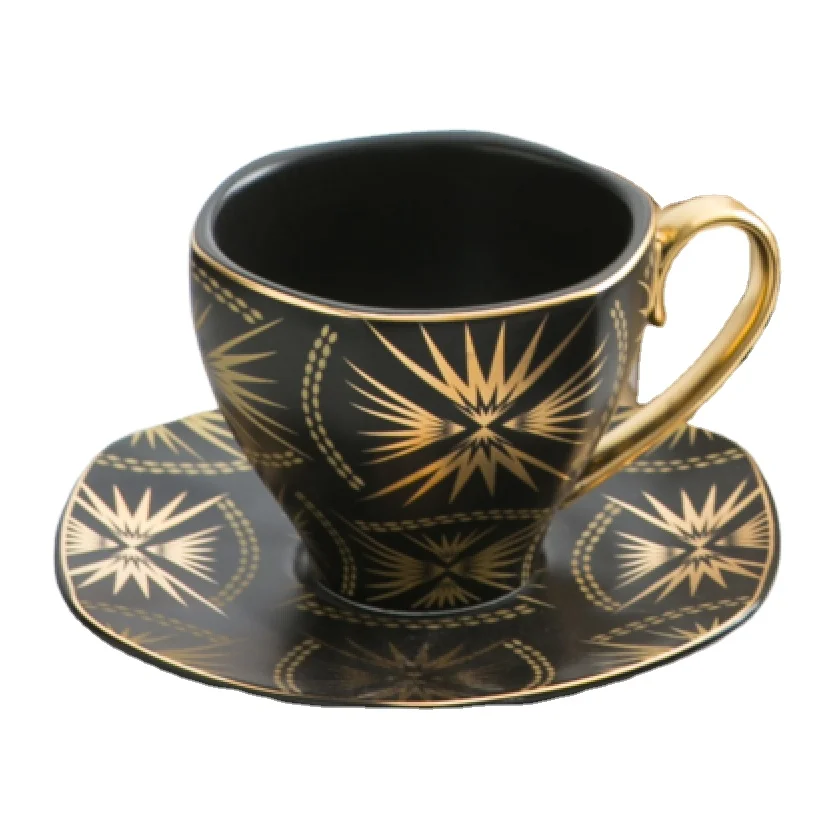 Royal Arabic Ceramic Coffee Cup and Saucer Black Color Tea Cups and Saucers Sets Porcelain Cups Gold Rim