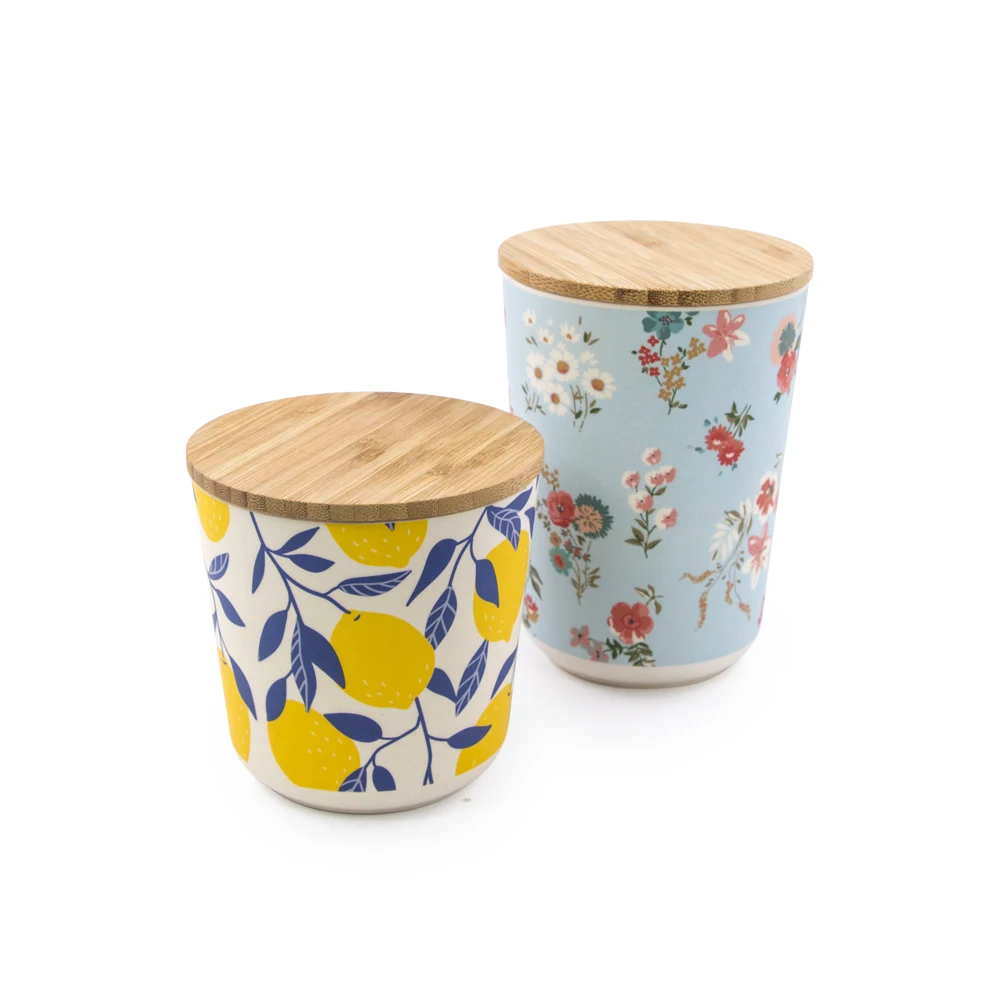 New Products biodegradable Custom pattern bamboo fiber cup storage box cereal container with bamboo lid