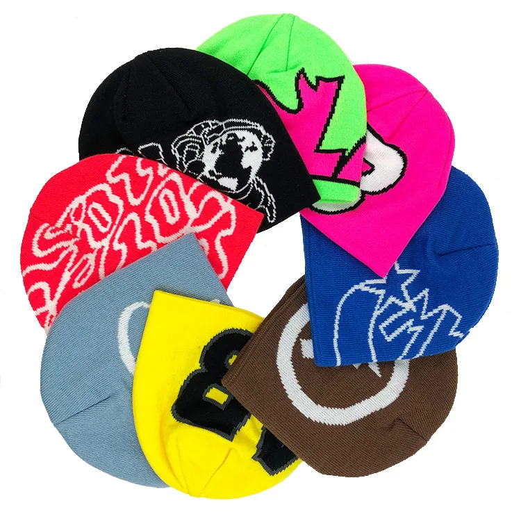 Custom Unisex All Over jacquard Outdoor Winter Warm Knit  Beanie Hat  Acrylic Custom Logo Beanies