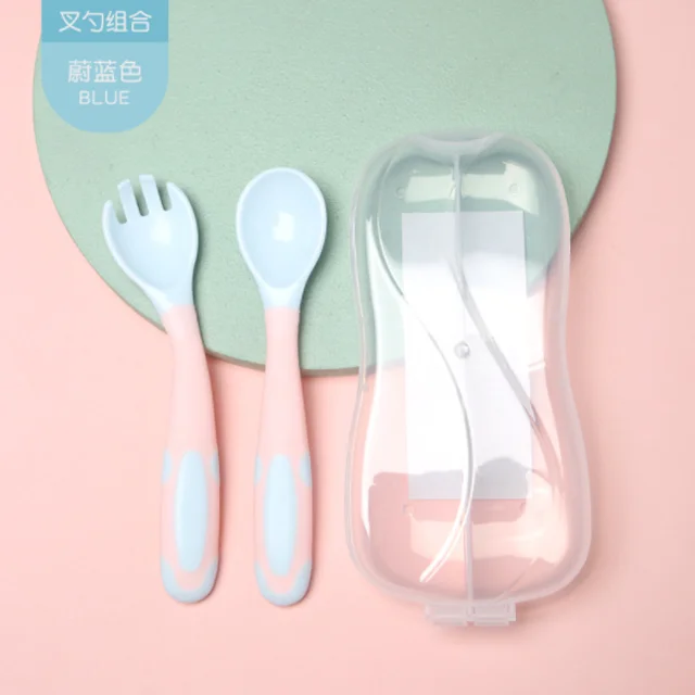 Easy Grip Heat-resistant Bendable Soft Perfect Self Feeding Learning Training Baby Utensils Fork Spoons with Travel Safe Case