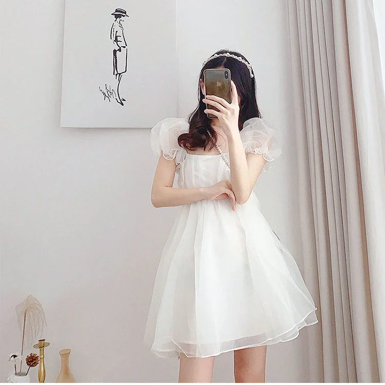 Fugitive Princess Sweet Dress Female Korean Edition Summer Vacation Two Piece Square  Bubble Sleeve Mesh Small Short Dress