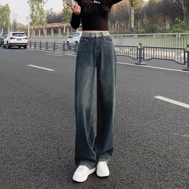 Quality Guarantee Retro Blue Wide Leg Pants in Stocke Baggy Jean Women Loose Pants Trousers