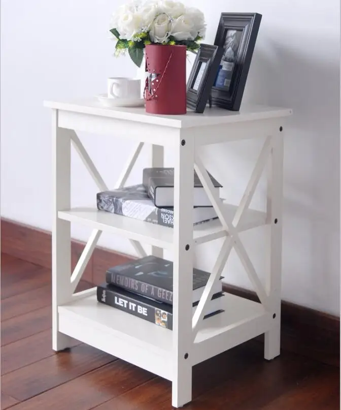 
White Finish Wooden X-Design Bedside Table End Table with 3-tier Shelf 