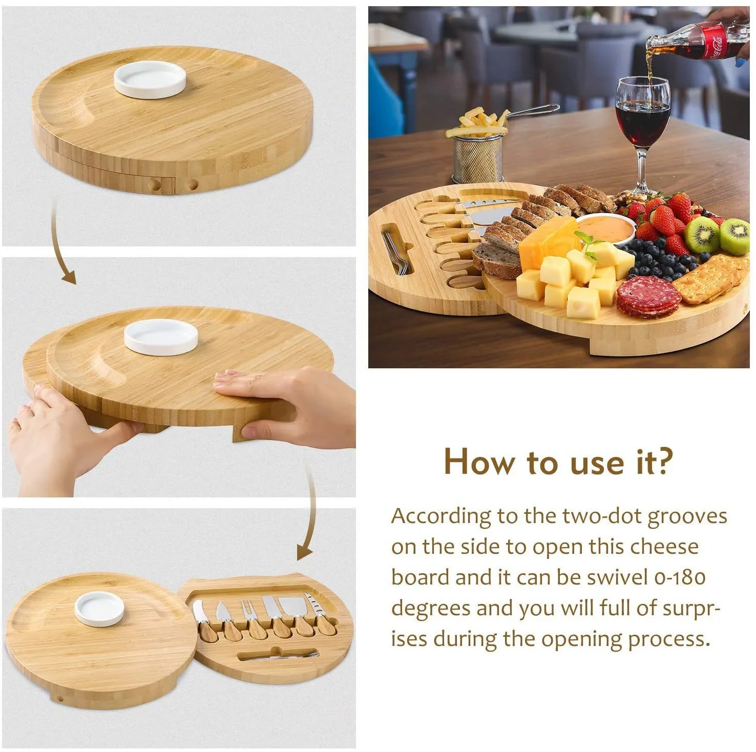 New Arrival 6pcs Knife Set Thick  Natural Round Bamboo Cheese Board with Ceramic Bowls