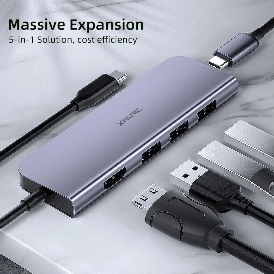 XFANIC алюминиевый Портативный адаптер 5 в 1 OTG Type-C USB 3,0 4k @ 30hz видео конвертер USB Type-C концентратор