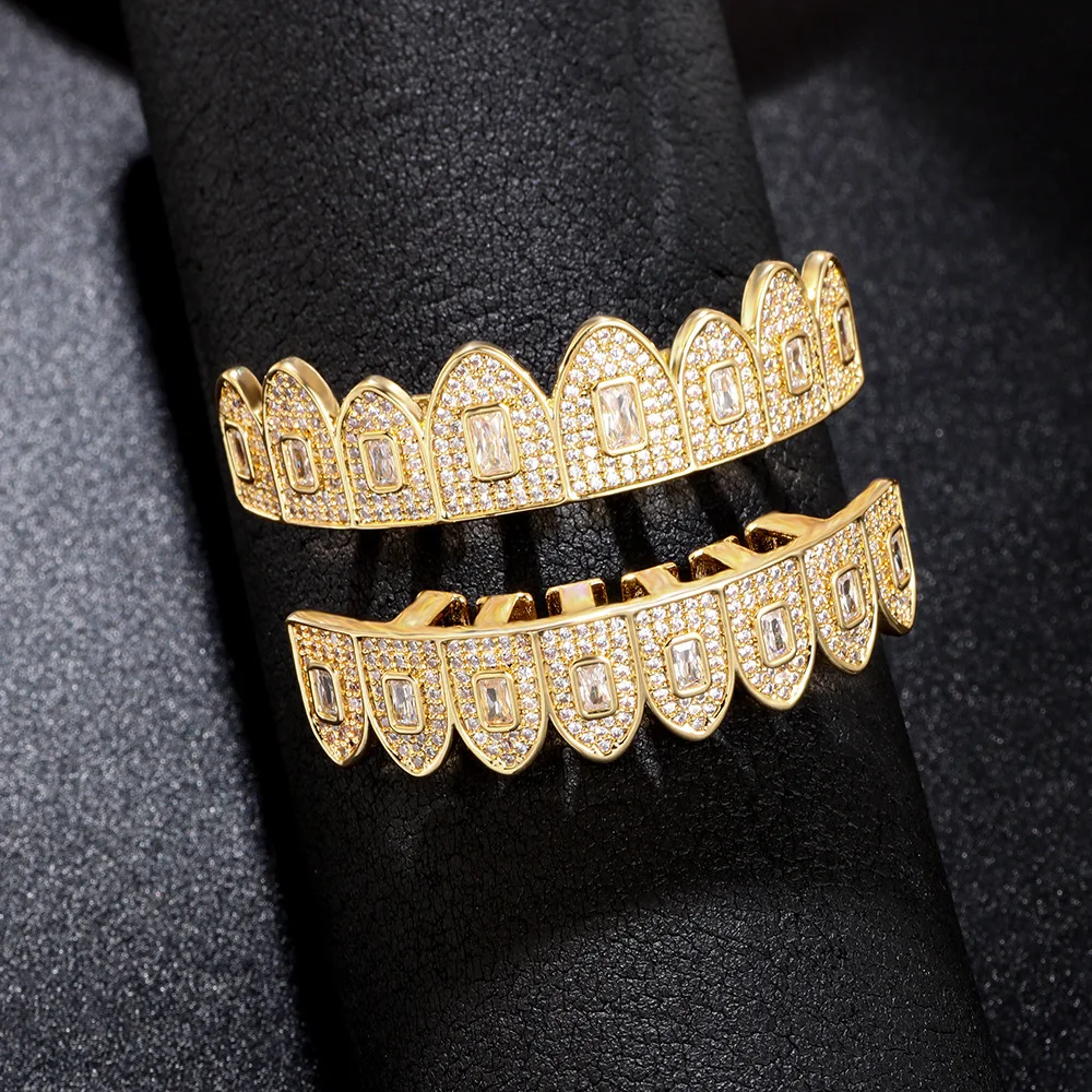 Wholesale 14K White Gold Plated Mouth Grillz Hip Hop Iced Cubic Zirconia Teeth Grillz Diamond Top&Bottom Grillz For Men