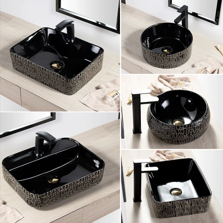 High-end sanitary ware glossy black washbasins countertop hand wash basin modern ceramic bathroom sink