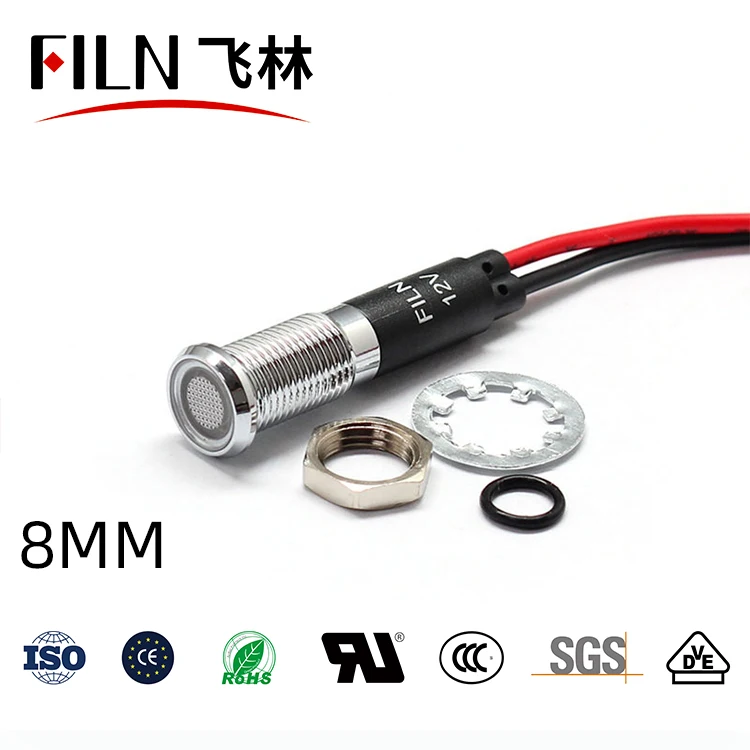 FILN 8mm waterproof flat head 12v yellow green blue metal led emergency indicator light with cable