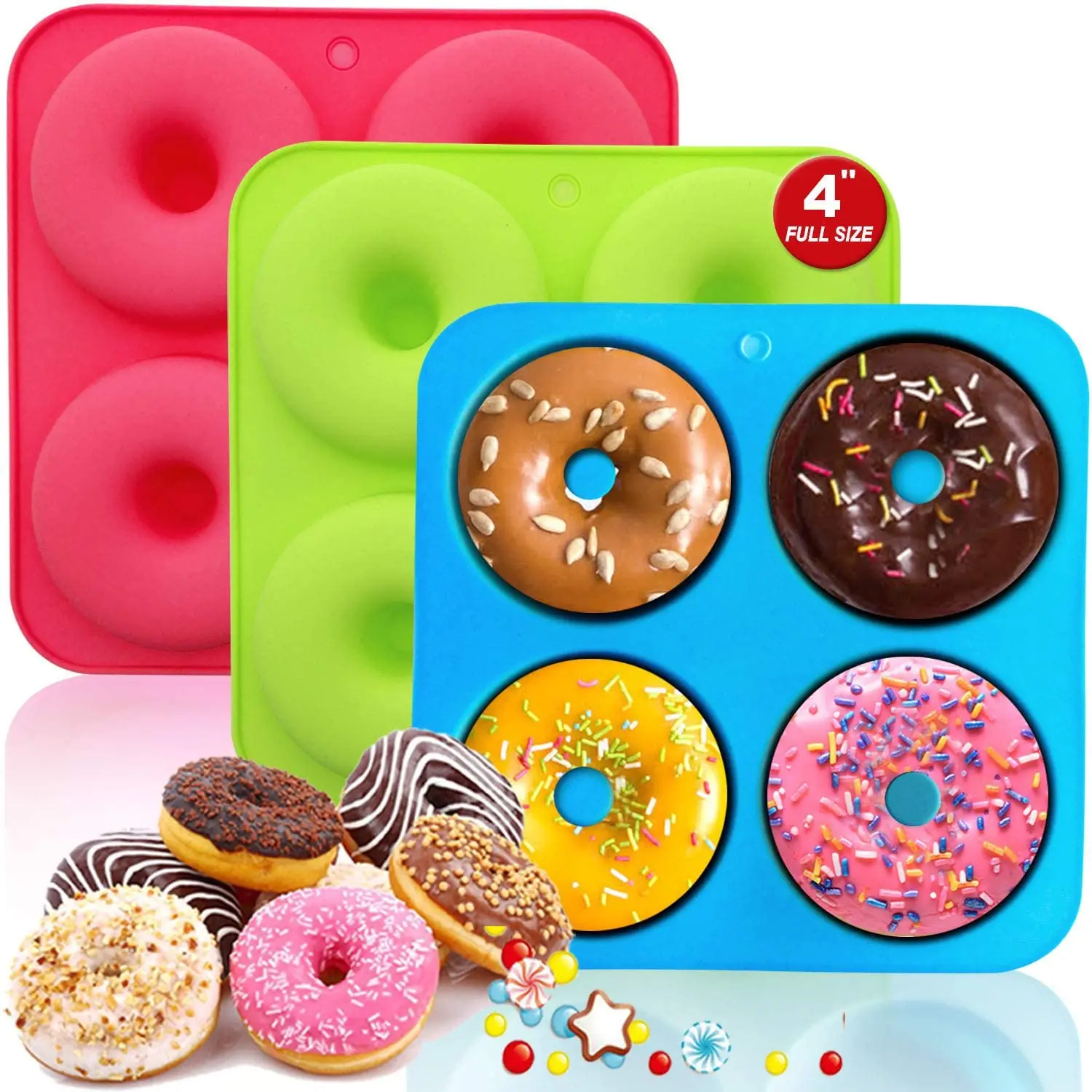 Full Size Silicone Donut Mold - 4 Inch Big Size Silicone Doughnut Pan Set Non-Stick Just Pop Out Heat Resistant  BPA FREE
