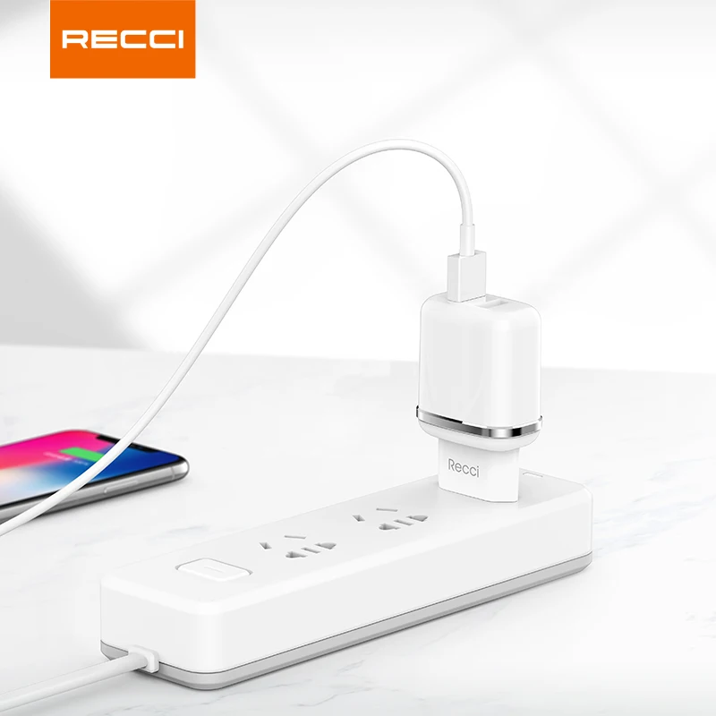 Recci High quality portable EU plug 5V2.4A Dual port  travel charger wall charger USB home adapter for iPhone mobile phone