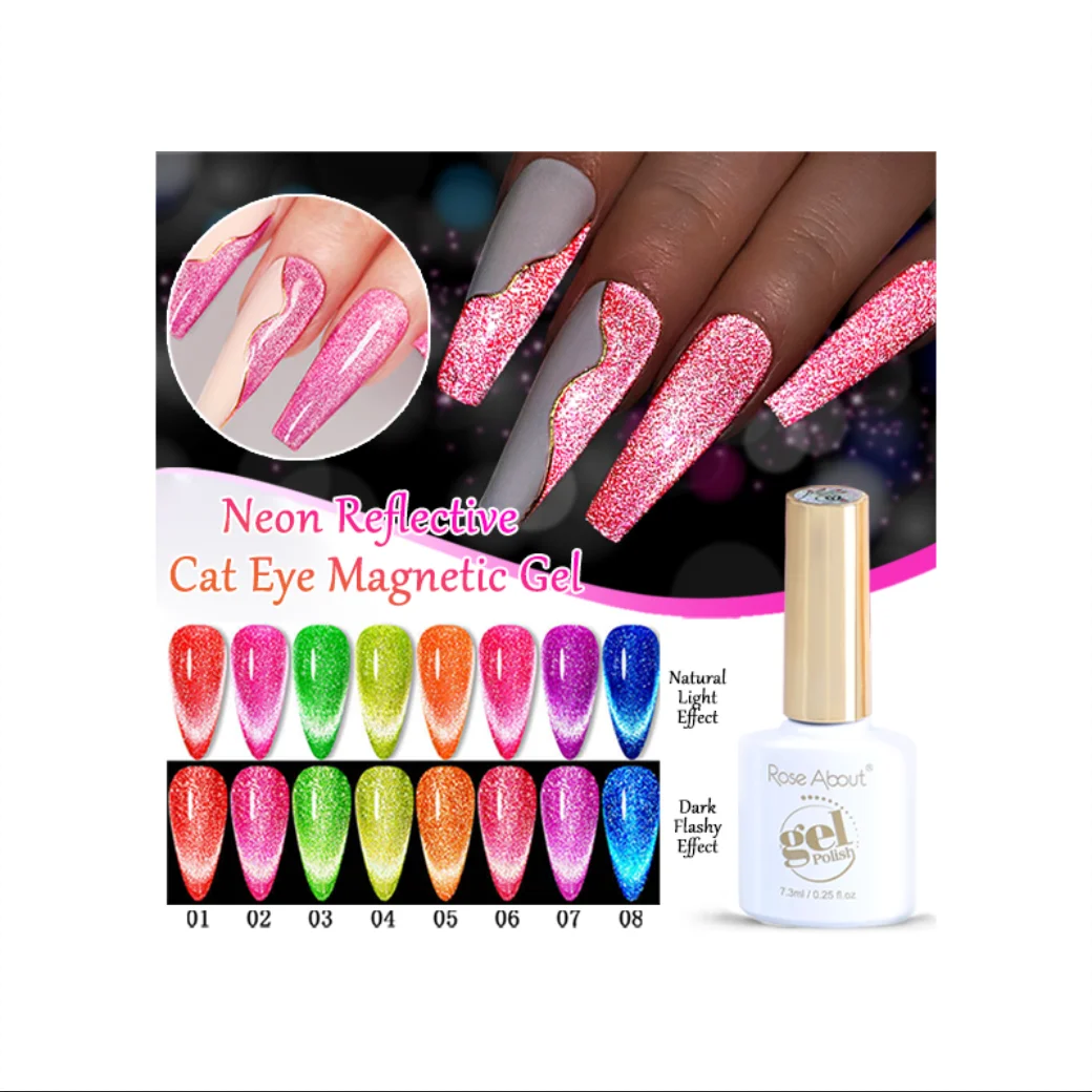 Fluorescent Disco Diamond Bright color Neon Reflective Magnetic Cat Eye Gel Polish Nail Art UV gel for nail salon 8 colors