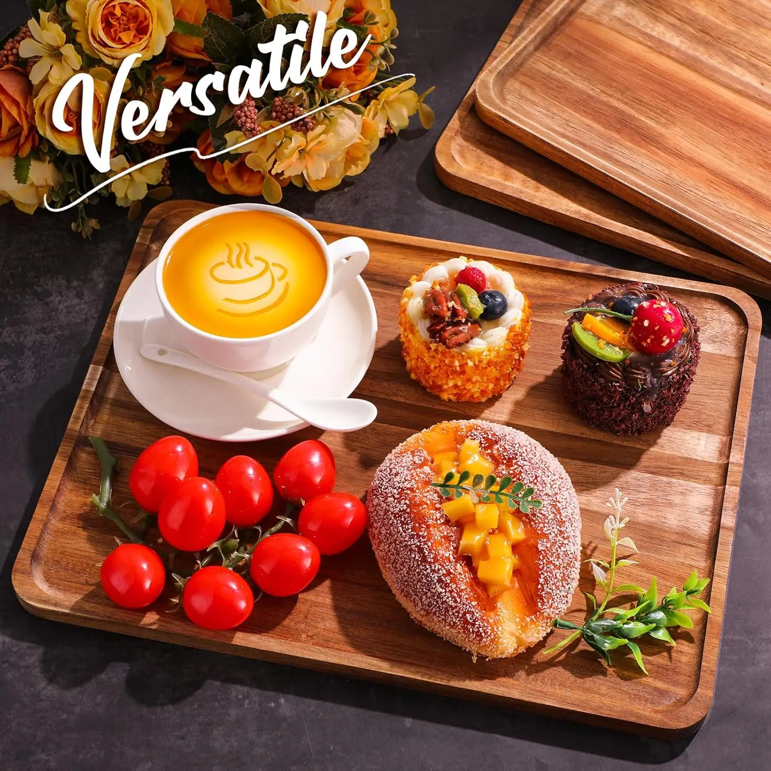 5 Pack Solid Acacia Wood Serving Trays Rectangular Wooden Serving Board for Food Appetizer Charcuterie Cheese Plates